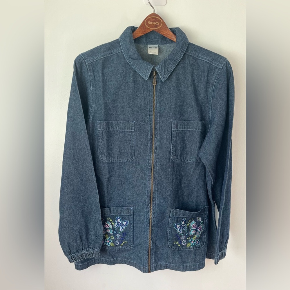 Vintage Blair Denim Shirt Jacket (Shacket) Oversized with Embroidered Butterfly